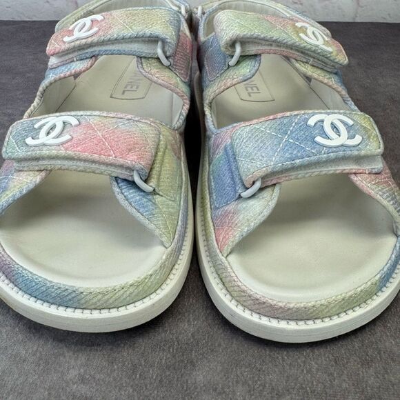 Chanel 22C Green Pink Blue White CC Logo Mule Slide Strap Flat Dad Sandal 40 - Picture 4 of 15